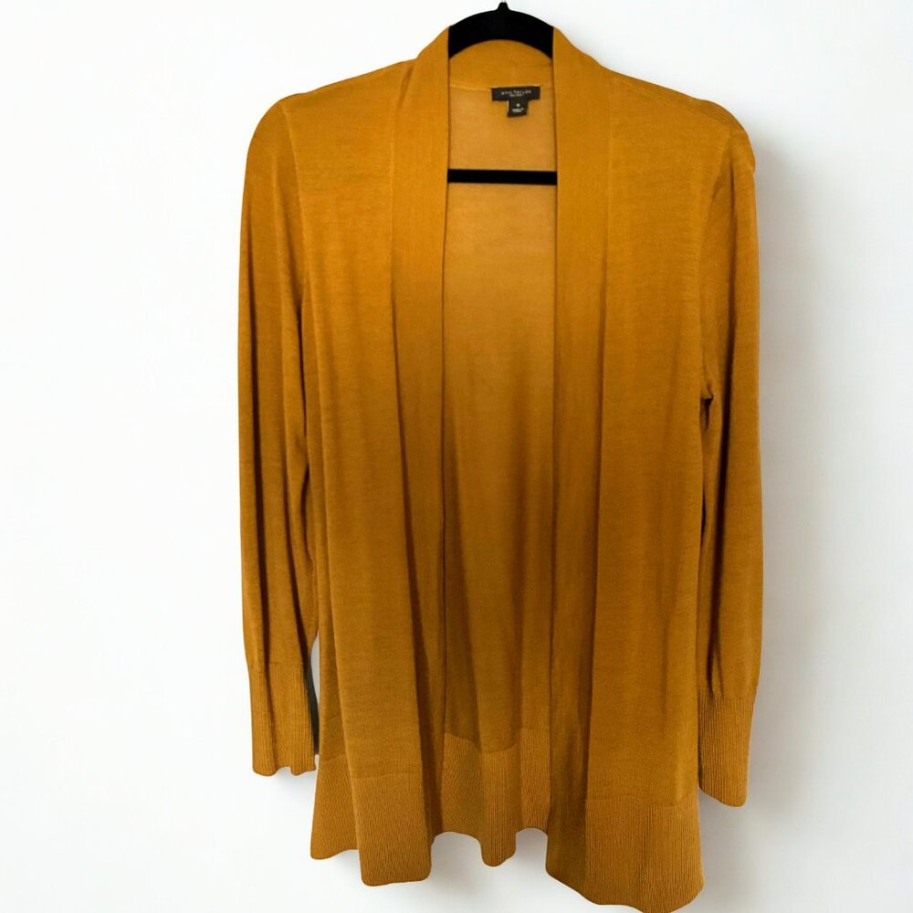 Ann Taylor Mustard Green Tissue Weight Knit Open Front Cardigan Size M